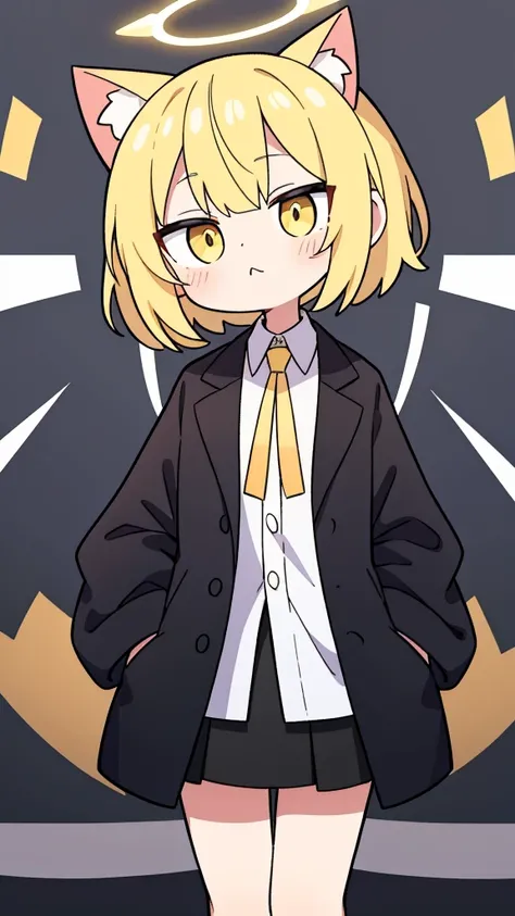 first place girl，cute，petite，Just the right bangs，short hair，yellow hair，yellow eyes，pupils，White shirt，tie，big eyes，黑色荧光绿条带Cat ear，earphone，Cat ear，big eyes，Black pleated skirt with white edge，short skirt，Split suit，Loose coat，game player，halo