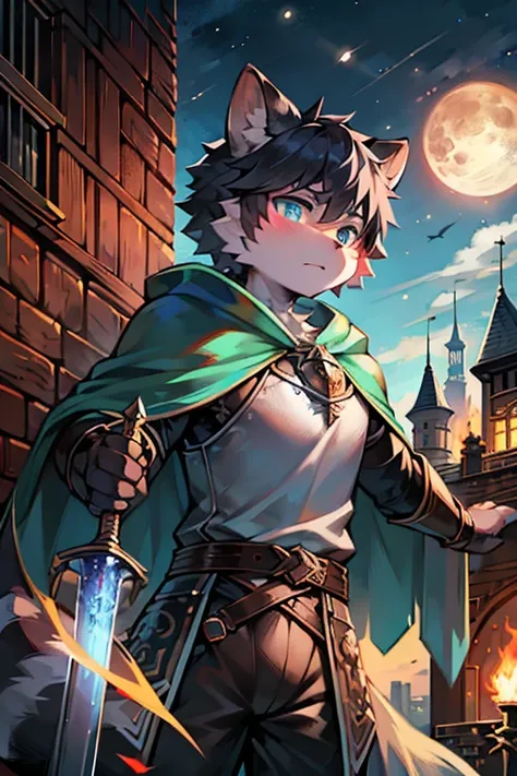 A raccoon，blue pupils，Wear armor，Shabby cloak，holding a long spear，站在city wall上，heavily clouded，flame，long sword，Round ears，waving flag，flame of war，A serious look，Look into the distance，city wall，The fire spread，juvenile，The moon covered by dark clouds，Ru...