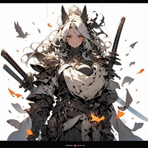 Create an AI illustration of a ridiculous young girl with long hair, hime-cut, White and black hair, two tone color hair, Beautiful detailed hair, Black eyes. She was like a samurai, Standing on the battlefield with a magazine. She wears armor, But pair it...