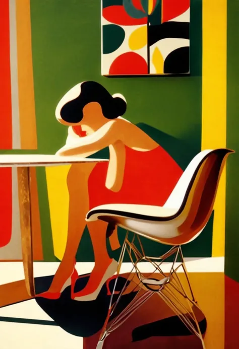 Beautiful woman sitting on an Eames shell side chair