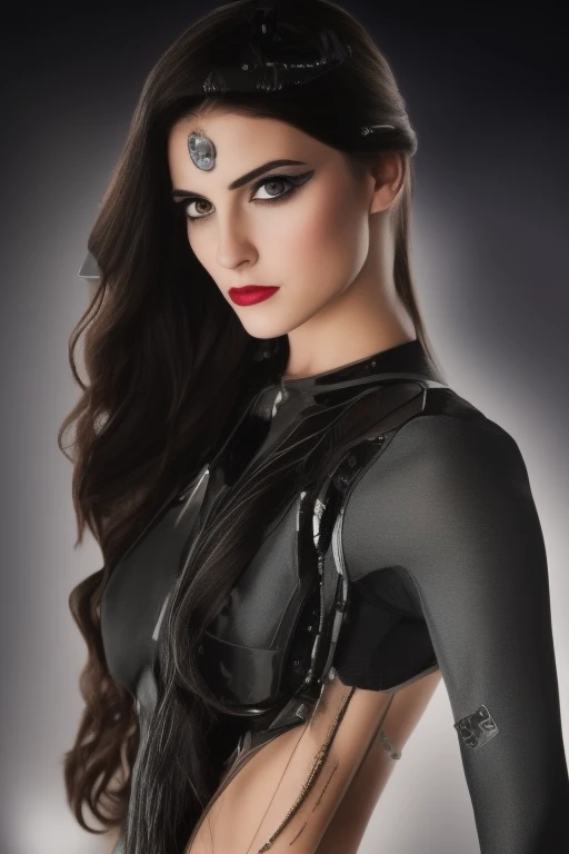 un primer plano de una mujer con un vestido plateado y un tatuaje en el brazo, modelo de moda cyborg, Hermosa sacerdotisa cyborg, close-up of the cinematic goddess., maya ali as a cyber sorceress, Sci - Fi Look, foto de moda cyborg, film goddess body shot,...