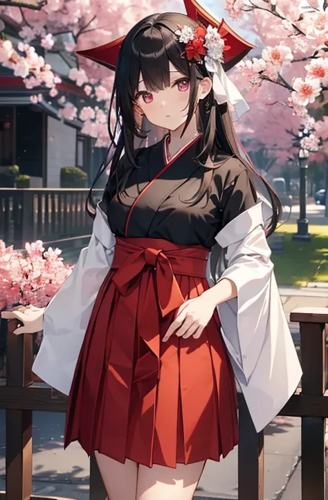 ((highest quality、８K、High resolution、masterpiece、Super detailed))、one girl、Full body photo of the front、((standing))、looking at the camera、black hair、Eyes as clear as glass、long straight hair、（bangs bangs：1.1）、（Flower kanzashi：1.1）、Expressionless、（Miko cos...