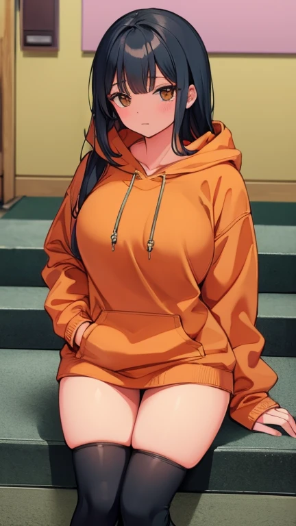 womanの子 茶色の髪をしています,茶髪  茶色い髪is womanの子， woman, long hair, Orange hoodie，long hoodie zip long hoodie， Wearing knee-high socks, 茶色いLaced bootsを履く, Laced boots，brown boots，alone, alone, (alone)(whole body), orange eyesをしている,orange eyes (perfect eyes)(masterpie...