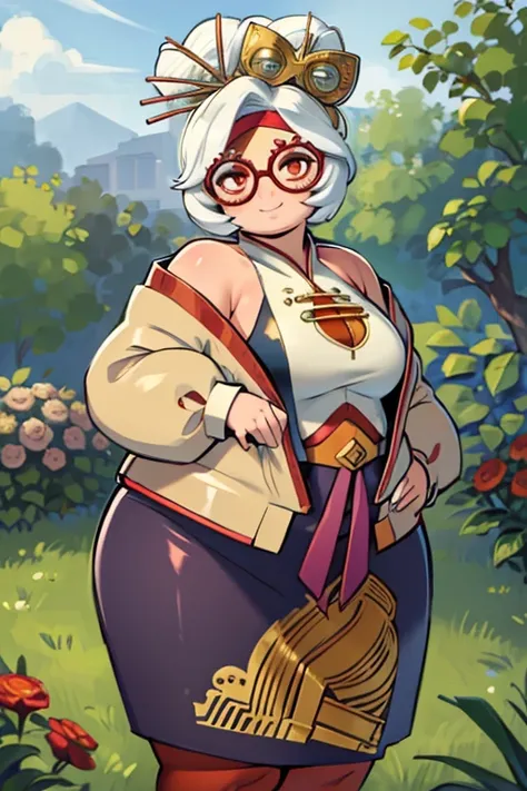 masterpiece, best quality, obese purah, red glasses, hair ornament, hair stick, red headband, white shirt, bare shoulders, white jacket, black skirt, orange leggings, large breasts, looking at viewer, entrance, garden, upper body, hands to hips, smile, obe...