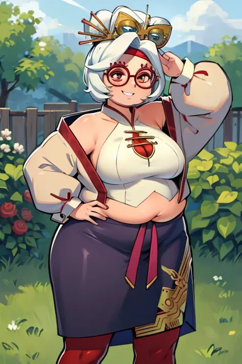 masterpiece, best quality, obese purah, red glasses, hair ornament, hair stick, red headband, white shirt, bare shoulders, white jacket, black skirt, orange leggings, large breasts, looking at viewer, entrance, garden, upper body, hands to hips, smile, obe...