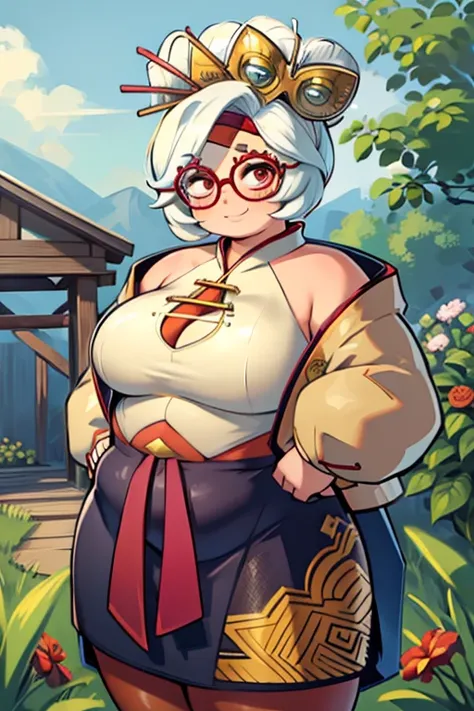 masterpiece, best quality, obese purah, red glasses, hair ornament, hair stick, red headband, white shirt, bare shoulders, white jacket, black skirt, orange leggings, large breasts, looking at viewer, entrance, garden, upper body, hands to hips, smile, obe...