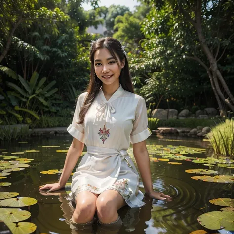 8k realistic, portrait, top quality, highly detailed, majestic, digital photography, illustration, master prince, sidelìgthing, illustration, beautiful lady realistic, smile,
white Thai dress thin cloth, cyborg,in pond
back ground thai motive,