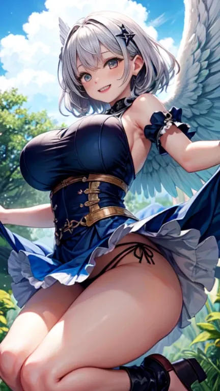 Angel&#39;s wing、Angel Ring、blue sky、are flying、large wings、Silver-haired gal、smile、blush、big breasts、thin waist、thin thighs、jump、Skirt suppressed