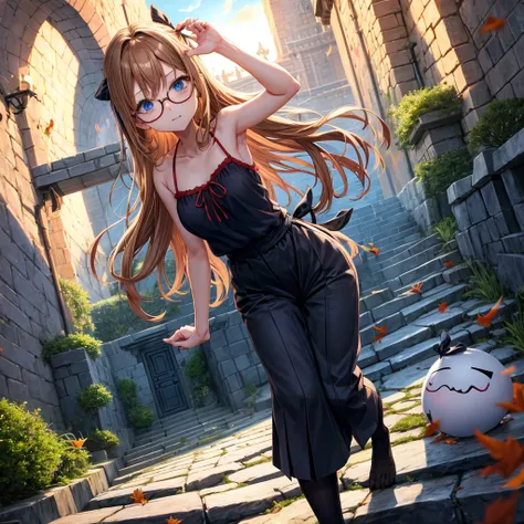 reddish-brown blonde、blue hair、blue eyes、Braid、one good looking girl、solo、anime、lattice柄のミニスカート、camisole、black t-shirt、Tilting your face、Doing the ribbon、Ribbon at waist、sunset sky、stone stairs、tunnel、Fallen leaves、wearing glasses、Burning、Light and shadow、...