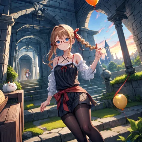 reddish-brown blonde、blue hair、blue eyes、Braid、one good looking girl、solo、anime、lattice柄のミニスカート、camisole、black t-shirt、Tilting your face、Doing the ribbon、Ribbon at waist、sunset sky、stone stairs、tunnel、Fallen leaves、wearing glasses、Burning、Light and shadow、...