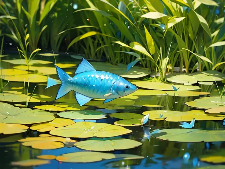 Small fish spitting bubbles in the pond