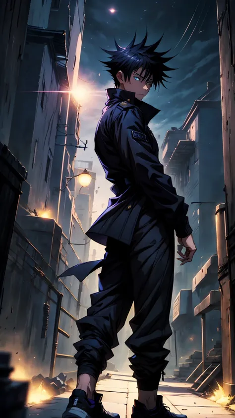 1boy, full body shot, 175 cm, megumi fushiguro, dark blue eyes, black outfit, black hair with long spikes that jut out in every direction around his head, wearing dark blue jacket over a long-sleeved white dress shirt. His uniform pants match his jacket,He...