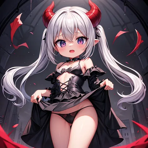 high resolution,child devil girl,devil&#39;s tail,double teeth,flat chest,Dark clothes,lift up skirt,black panties