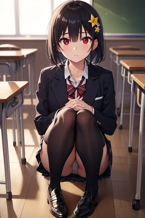 aimizuno, ai mizuno, black hair, hair between eyes, (red eyes:1.5), short hair,
BREAK black jacket, black legwear, black neckwear, black skirt, blazer, brown footwear, collared shirt, flower, hair flower, hair ornament, jacket, loafers, long sleeves, minis...