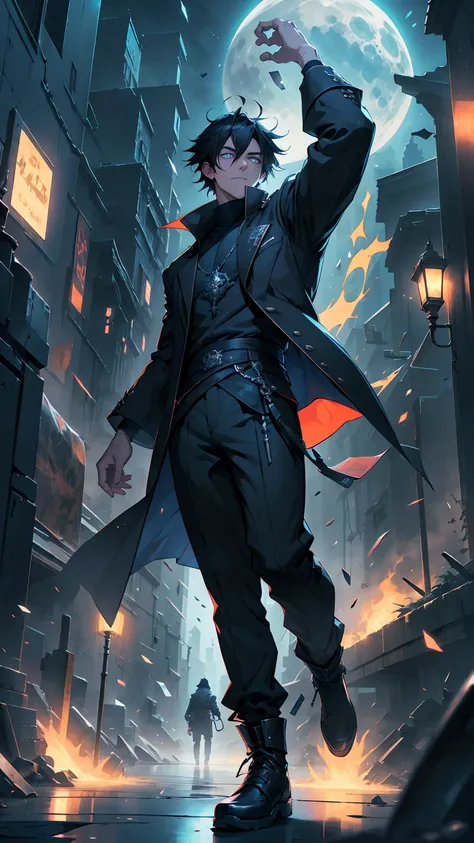 1boy, full body shot, 175 cm, megumi fushiguro, dark blue eyes, black outfit, black hair with long spikes that jut out in every direction around his head, wearing dark blue jacket over a long-sleeved white dress shirt. His uniform pants match his jacket,He...