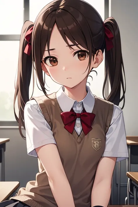 kurokoshirai, kuroko shirai, brown hair, long hair, (parted bangs:1.5), (brown eyes:1.7), ringlets, twintails, hair bow, bow, red bow, (small breasts:1.2),
BREAK armband, black skirt, collared shirt, dress shirt, pleated skirt, safety pin, , shirt, short s...