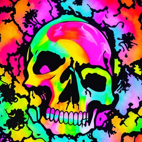 Masterpiece of a Skull: A Skull, with Neon Colors, inspired by T-shirt design, with 16k quality, in the Kawaii style. The work is in a total, centralized frame and focus, with full and wide lighting, maximum quality and maximum detail, and a wide view of t...