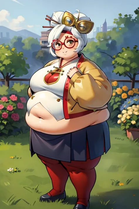 masterpiece, best quality, obese purah, red glasses, hair ornament, hair stick, red headband, white shirt, white jacket, black skirt, orange leggings, large breasts, looking at viewer, entrance, garden, upper body, smile, obese body, thick thighs, fat bell...