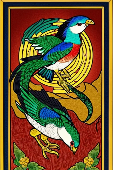 the neck is a snake，the tail is a fish，jaw(chin)is a swallow，beak(beaks)is a chicken，The back looks like a turtle，It has five-colored patterned wings.、phoenix wrapped in flames、God、beautiful、legendary bird of chinese mythology