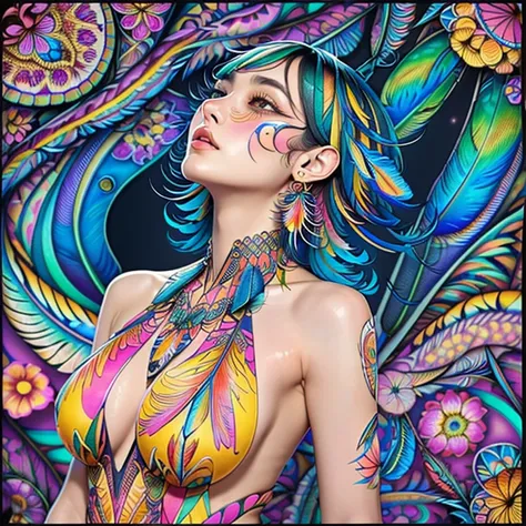 (official art, beautiful and aesthetic:1.2), (1 girl:1.3),(fractal art:1.1),(colorful:1.1)(flowers:1.3),most detailed,(zentangle:1.2), whole body, (abstract background:1.3), (shiny skin), (lots of colors:1.4), ,(earrings), (feather:1.5),