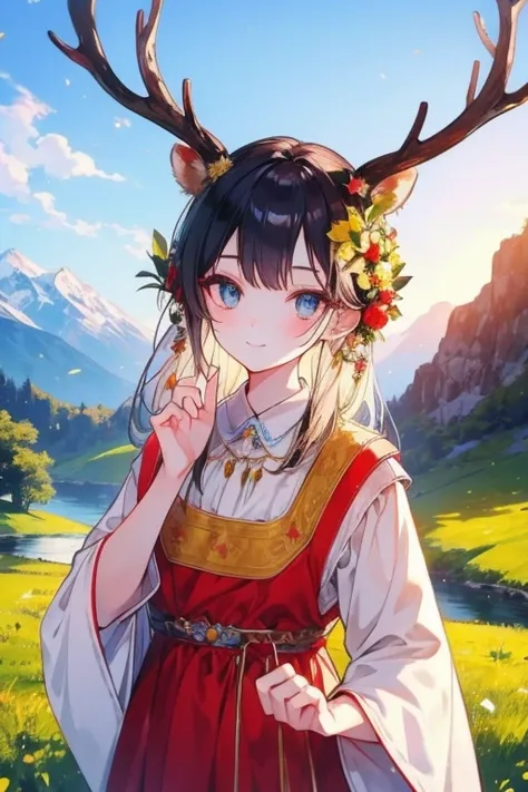 unparalleled beauty,perfect face、God、stream、grassland、A smile illuminated by the morning sun、beautiful mountain scenery、,perfect eyes、old-fashioned costume、retro style、Deer antlers grow from the head、National costume