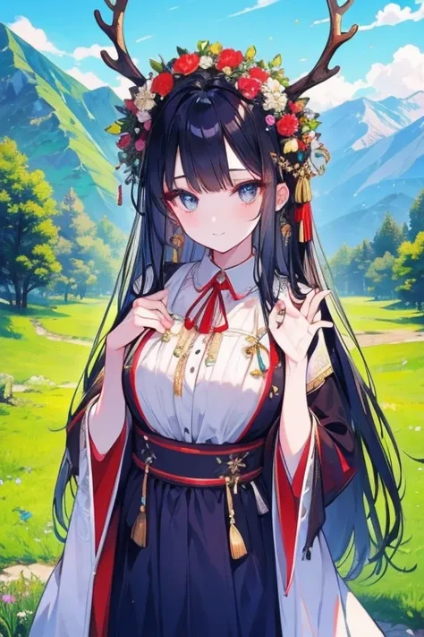 unparalleled beauty,perfect face、God、stream、grassland、A smile illuminated by the morning sun、beautiful mountain scenery、,perfect eyes、old-fashioned costume、retro style、Deer antlers grow from the head、National costume