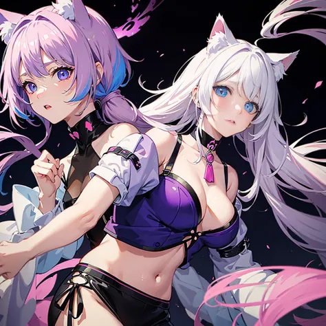 Cat Ear Girl, white hair,pink purple and blue hair streaks, multicolor hair, blue eyes, big , sad expression, black choker, no human ears visable