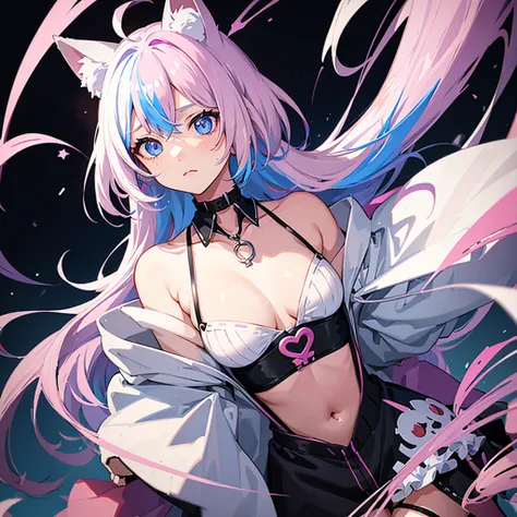 Cat Ear Girl, white hair,pink purple and blue hair streaks, multicolor hair, blue eyes, big , sad expression, black choker, no human ears visable