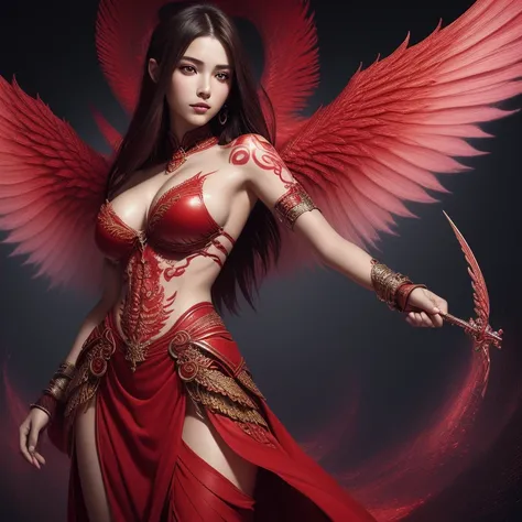 (absurd, High resolution, Super detailed), 1 girl, alone, very fine eyes, (official art, beauty and aesthetic: 1.2), (fractal art: 1.3), red color scheme, most detailed angel　goddess　large wings　God　Goraiko　Omniscient and omnipotent　Holding a wand　wizard　a...