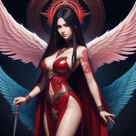 (absurd, High resolution, Super detailed), 1 girl, alone, very fine eyes, (official art, beauty and aesthetic: 1.2), (fractal art: 1.3), red color scheme, most detailed angel　goddess　large wings　God　Goraiko　Omniscient and omnipotent　Holding a wand　wizard　a...