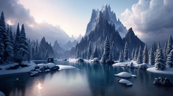 Masterpiece, Best Quality, High Quality, Highly Detailed CG Unity 8k Wallpaper, Halla Mountain, Snow, Winter, Outdoor, Sky, Day, Landscape, Water, Trees, Blue Sky, Waterfall, Nature, Lake, River, Cloudy Sky, Award Winning Photo, Bokeh, Depth of Field, HDR,...