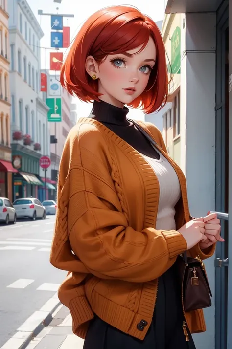 irish sweater,redhead,20th generation,woman,short hair,bob cut,Cheerful look