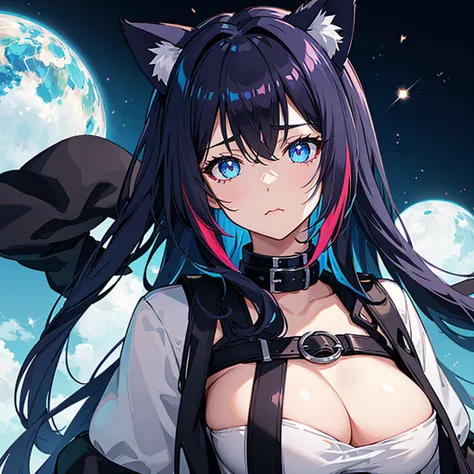 Cat Ear Girl, galaxy hair, multicolor hair, blue eyes, big breast, sad expression, black cat collar, no human ears visable