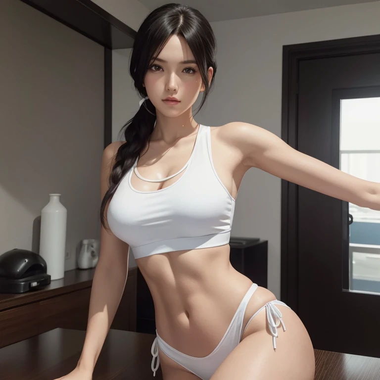 a photo of schwarzer BH, she is wearing a white tank top and white panties, Seductive Tifa Lockhart Portrait, schwarzes Oberteil, gorgeous chinese model, like Tifa Lockhart, Sport-BH und Hemd, port gut, photo of slim girl model, IG-Modell | Artgerm, beauti...