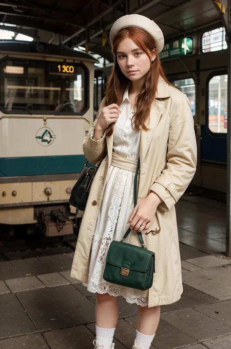 19th century, a 19-year-old girl. All of this girls clothes, accessories and bag belong to the 19th century. This girl is a white-skinned girl with red hair and freckles. This girl is standing waiting for the train. He has a cream colored hat. She has a sh...