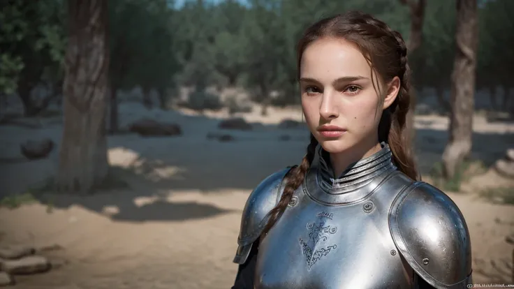 one girl, Beautiful 13 year old girl, redhead ponytail girl, A girl standing in leather armor, Desert background, A female knight is standing, Beautiful girl with a spear in her hand, hair moving in the wind, photorealism, sharp focus, Realistic facial ski...