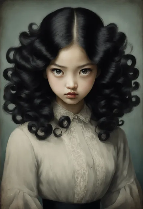 a cute and beautiful girl，long black hair，curls，serious expression，mystery，junji ito's style，front，vintage portrait，（（（a source ...