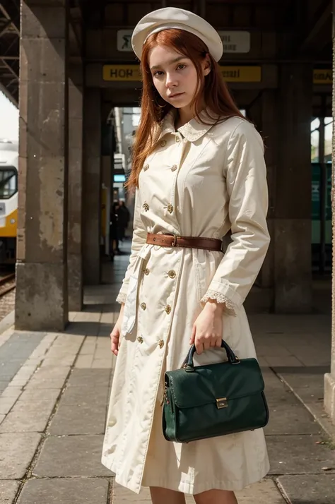 I want a photo that looks like it was taken in the 19th century. Lets say there is a 19 year old girl in this photo. Let it be obvious that all of this girls clothes, accessories and bag are from the 19th century. Let her have red hair and freckles, and ha...