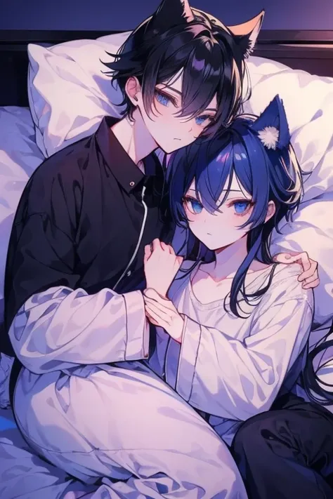 unparalleled beauty,perfect face、bedroom、lie on the bed、(2man,Gay Male Relationships),perfect eyes、blue eye、 Xin Haicheng、animal ears、Animal tail、a blonde and a black hair、nightwear、pajamas、how would it look then&#39;Sleeping、Geikis