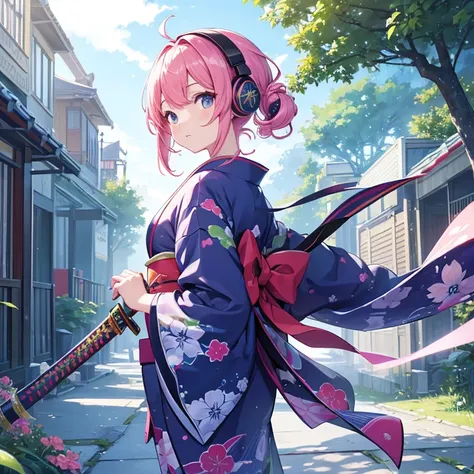 computer世界の風景、colorful kimono、one girl、headphones、（arms、Katana、have a weapon）、like the photo、sparkling、computer、