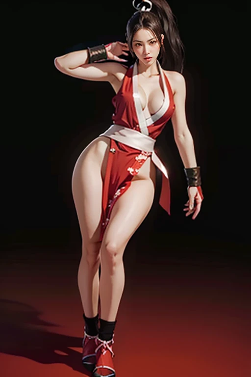 (mai shiranui:1.5), (tabi:1.7), (Full body portrait:1.7), (Realism), (master piece:1.5), (Best Quality), (ultra-detailliert), (8K, 4K, Convoluted), (Flat Lighting:1.2), (skinny), Prestige, Brown eyes, Long hair, brown eyes, long hair, brown hair, white rib...