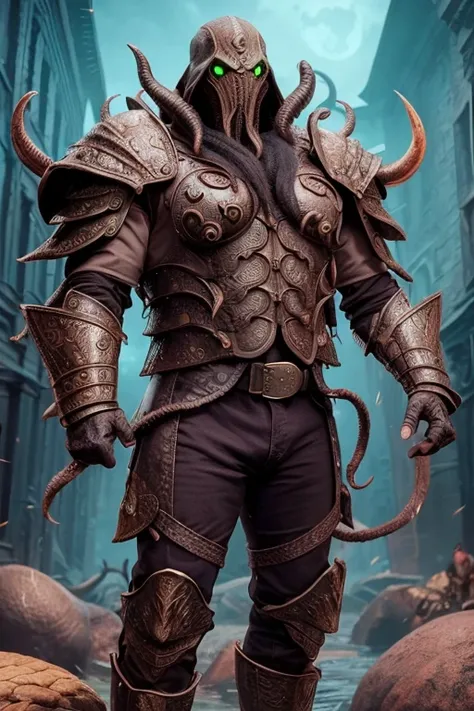 The man wears a full set of Cthulhu-inspired battle armor