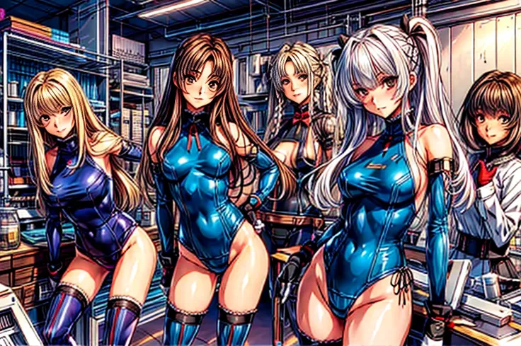 three girls, ( (Digital) (8K ), medium breasts, (fril swimsuit, Thighhighs, removed sleeve)) , highest quality, marierose,1 girl,,,(A futuristic laboratory lined with large culture tanks)