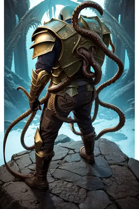 The man wears a full set of Cthulhu inspired battle armor with tentacles coming out of his back