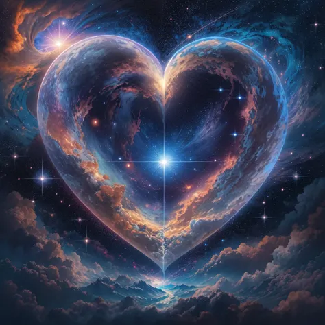 universe、one heart in the center, Luminescent, beating heart、Mysterious、milky way