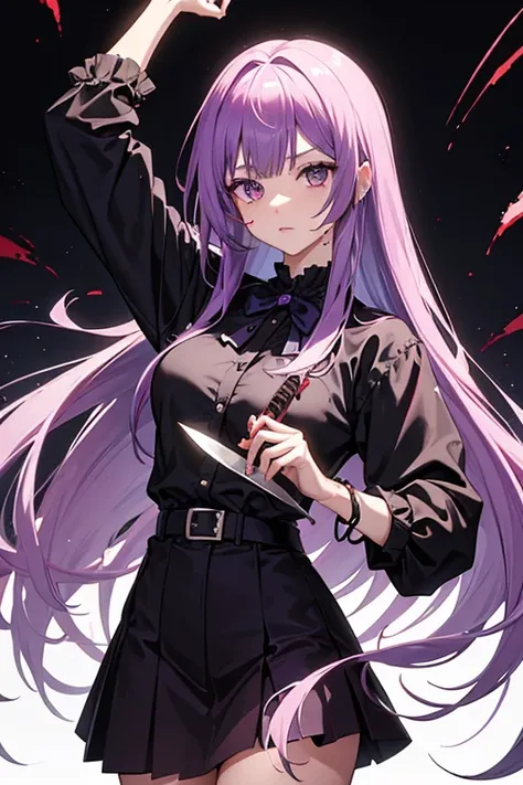 Anime girl purple hair, holding a knife, blood on face