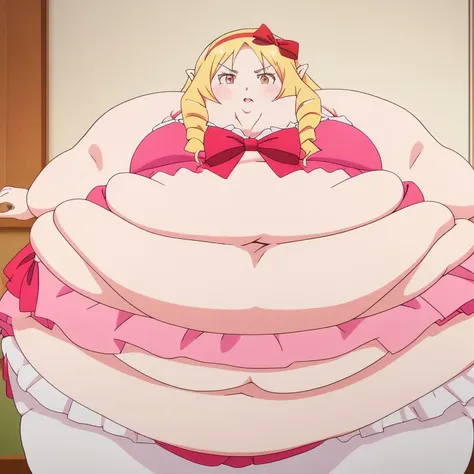 obese yamada elf, dress, obese body, cute, fat belly, fat arms, thick thighs, hairband, long_hair, pink_bikini, red_bow, , 8k, masterpiece, absurdres, anime,