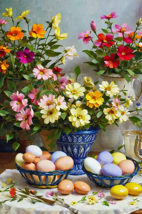 painting of a basket of flowers with eggs on a table, a pastel by László Balogh, shutterstock, fine art, oil painting in a modern style, digital art oil painting, realistic flowers oil painting, oil digital painting, oil painting style, still life with flo...