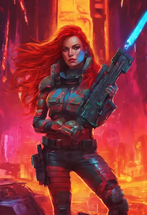 female doom trooper long red hair, white Brazilian, black and gray suit, no helmet and a firearm, full body, fire scene