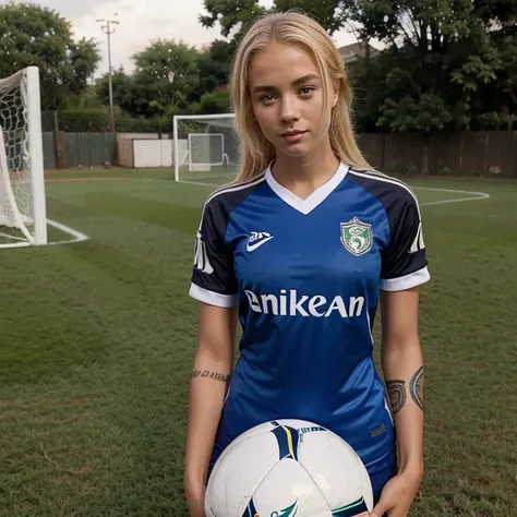 Young beautiful blonde African girls of 18 years old with perfect measurements tattooed with sexy soccer uniform